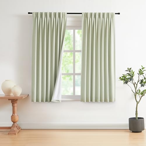 Image of Vision Home Soft Green Pinch Pleated Full Blackout Curtains Linen Blended Room Darkening Curtain Panels 72 inch for Living Room Bedroom Thermal Insulated Pinch Pleat Drapes with Hooks 40 inch Wx72 Lx2