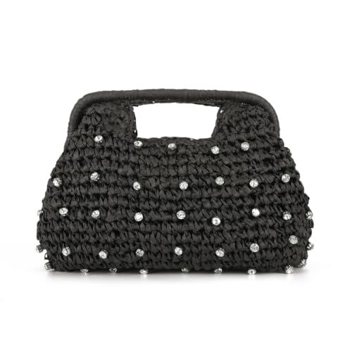 Image of Freiesoldaten Straw Rhinestone Dumpling Clutch Bag, Summer Woven Handbag, Boho Beach Crossbody Bag for Women Beaded Holiday Evening Purse
