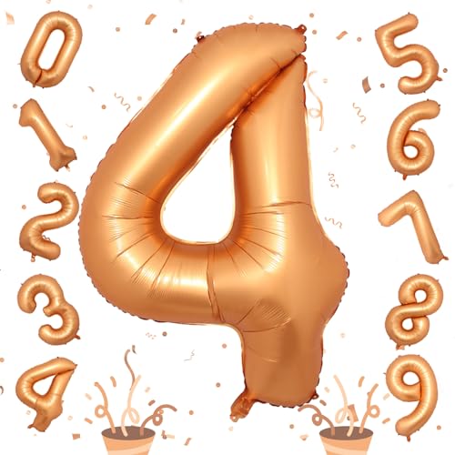Image of Large Foil Number 4 Balloons, 40 Inch Number Balloon 4 Decor for Boys, Mylar Helium Self Inflating Orange 0-9 Set Balloon for Kids Girls 4th Birthday Anniversary Celebration Party Decorations Supplies