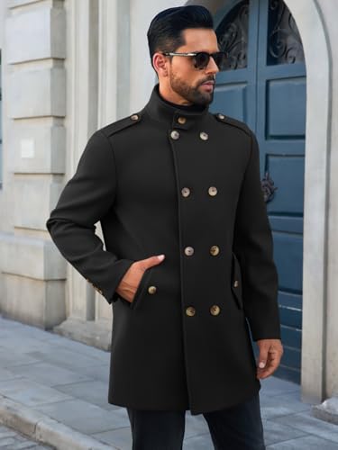 Runcati Mens Trench Coat Double Breasted Stand Collar Pea Coat Casual Fall Winter Warm Mid Long Overcoat3