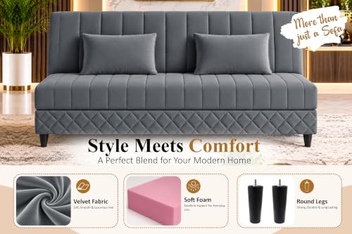 Image of 3-Seater Velvet Sofa Cum Bed | Tufted Convertible Sleeper Sofa | Plush Cushioned Seating | Space-Saving Design for Living Room, Bedroom & Office | Grey