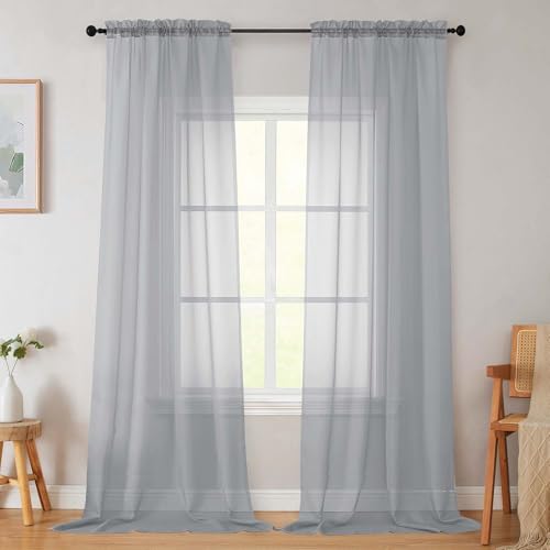 WelvetBLK Light Grey Sheer Curtains for Bedroom Living Room 96 Inches Long 2 Panels, Modern Airy Soft Lightweight Rod Pocket Light Filtering Sheer Curtains Drapes, Light Grey, Each 42" Wx96 L Inch