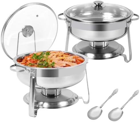 Chafing Dish Buffet Set with Spoons, 2 Packs 4 QT Chafing Dishes for Buffet with Glass Lid & Lid Holder, Stainless Steel Round Chafer Food Warmers for Parties Wedding Catering Event