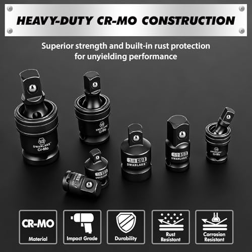 Image of SWANLAKE GARDEN TOOLS 7-Piece Impact Swivel Socket Adapter Set, 1 /4 inch 3 /8 inch 1 /2 inch Drive Universal Joint Socket Set CR-MO Steel, Wobble Joint Sockets Reducer with Magnetic Aluminum Sockets Rail
