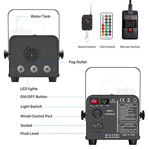 Fog Machine, Hotmai 500W Fog Machine With 13 Colorful Led Lights Effect, 2000Cfm Fog With 1 Wired Receiver And 2 Wireless Remote Controls, Perfect For Halloween, Wedding, Party And Stage Effect #TOP2