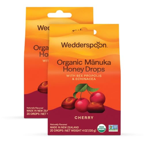 Wedderspoon Organic Mānuka Honey Drops, Cherry, Bee Propolis &amp; Echinacea, 20 Count, USDA Organic, Genuine New Zealand Honey, Natural Remedy for Dry Throat (Pack of 2)