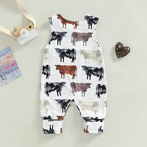 Mainesaka Newborn Baby Boy Girl Western Jumpsuit Sleeveless Crewneck Cow Print One-Piece Romper Summer Onesie Playsuit Outfit (Sleeveless-White, 12-18 Months) #TOP6