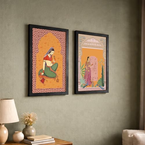 Image of NoWorries Traditional Theme frames of Rajasthan Wall Decor Wall frames for Home and Cafe Decoration - Madhubani art Big Size Wall Painting for Wall Decoration - Set of 2 Traditional frames for dining room (Synthetic Wood frame) (Leminated 300 GSM Pigment Digital Print) (framed, Multicolur) Set of 2