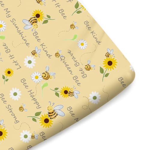 Image of Sweet Bees Honey Sunflowers Daisy Fitted Baby Crib Sheet for Girl Boy 52 inchx28 inch Bee Quote Flowers Soft Breathable Crib Mattres Cover Bees Baby Bed Sheets for Standard Crib and Toddler Mattresses