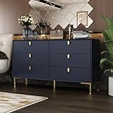 Homsee Double Dresser with 6 Drawers, Modern Storage Chest of Drawers Dresser Chest with Metal Legs & Handles for Bedroom, Living Room & Closet, Navy Blue (55.1”L x 15.7”W x 31.1”H)