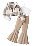 SweatyRocks Girl's 3 Piece Outfits Spaghetti Strap Cami Crop Top and Flared Pants with Plaid Pattern Fuzzy Coat Khaki 8Y