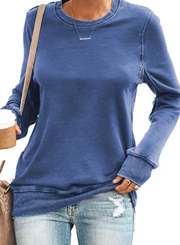 SENSERISE Womens Casual Crewneck Sweatshirt Long Sleeve Solid Color Shirt Soft Lightweight Loose Tops(Solid Blue, L)