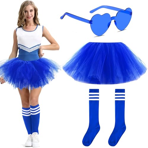 Tutus for Women Adult 5 Layered Tulle Neon Tutu Skirt with Tube Socks & Sunglasses for St. Patricks Day Running Ballet Dance (US Waist 30 Short Blue)