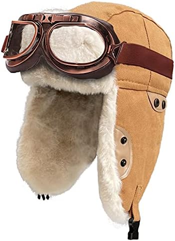 Peicees Trapper Aviator Hat and Goggles Costume Accessories Bomber Trooper Ushanka Hat Cap with Fur Ear Flap