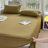 Bed Sheet Hotel, Sábana bajera ajustable de invierno de algodón lavado marrón amarillento color sólido, 160 x 230 cm, 1 pieza