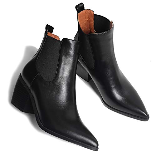 LEHOOR Women's Western Stacked Block Heel Ankle Booties Pointed Toe Mid Chunky Heel Chelsea Short Dress Boots Pull On Elastic 4-11 M US