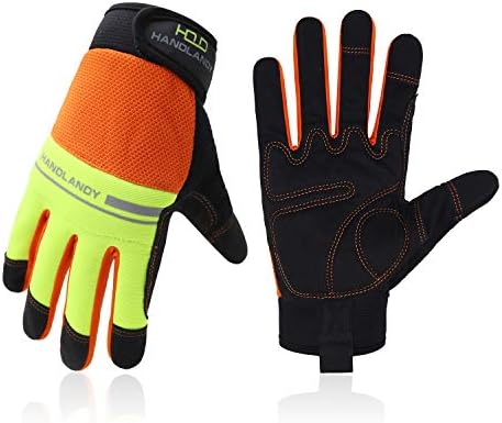 UltraLight Safety Work Gloves, Mens & Women Multi-Functional Work Gloves with Extensive Palm Protection, Mechanic Gardening Construction DIY Gloves with Touchscreen (Large, Orange/Gray)