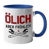 MANISMA Handwerker Tassen Spruch Ölich Aber Fröhlich Kaffeetasse Mechatroniker, Mechaniker, Elektroniker Geschenkidee Werkstatt Kaffeetasse (Blau)
