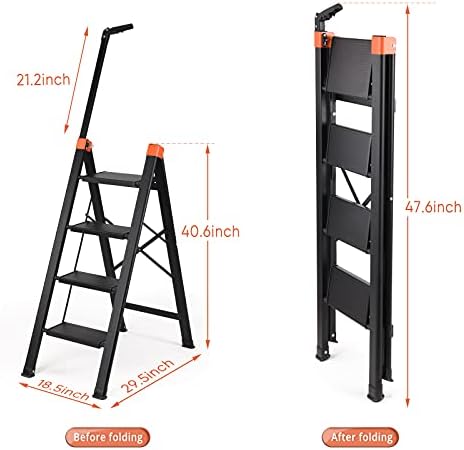 ALPURLAD 4 Step Ladder Aluminum Folding Ladders with Telescopic Hand Rair & Wide Anti-Slip Pedal Adult Step Stool for Kitchen, Garden and Office 330lbs Capacity
