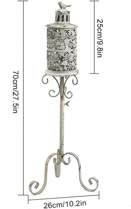 27.5" Tall Floor Candelabra Iron Candle Holder Lantern with Bird Decoration and Glass Cup, Distressed Hollow Base Floor Candle Stand for Indoor Outdoor Home