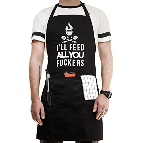 Funny Aprons For Men, Women With 3 Pockets - I'll Feed All You - Grilling Bbq Cooking - Chef Apron - Gift For Men - Dad Gifts - Fathers Day - Mother Day Gift - Birthday - Husband, Wife, Boyfriend by Kitchen Anchor - Used condition - US$11.96