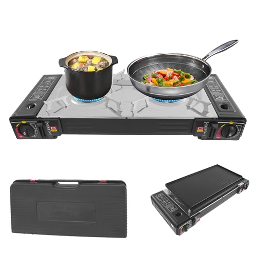 Réchaud de camping à gaz portable 2 feux, avec 2 brûleurs pour bouteille, camping, barbecue, 2,5 kW, puissance 2,5 kW, avec plancha grill et mallette de transport