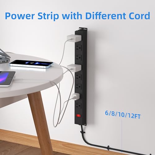 Image of 8 Outlet Metal Power Strip 10ft,Workshop Heavy Duty Power Strip Wide Spaced with Long Cord for Kitchen,Office,School,Commercial,Industrial,1825W /125V /15A,Black (10FT)