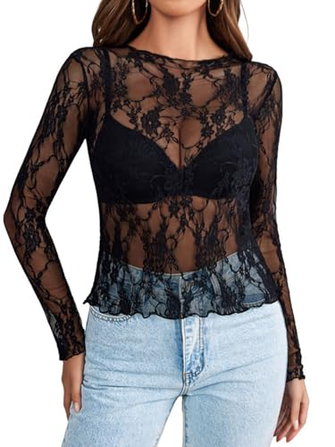 WIHOLL Lace Long Sleeve Tops for Women Layering Shirts Mesh Sheer See Through Blouse Going Out Y2K Party Tops Black M