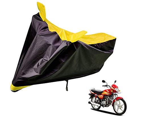 Image of Auto Hub Bike Cover Compatible with Hero Hf Deluxe with Mirror Pocket, Dustproof, Heat Resistant, Triple Stitched, Hf Deluxe Bike Cover- Black, Yellow