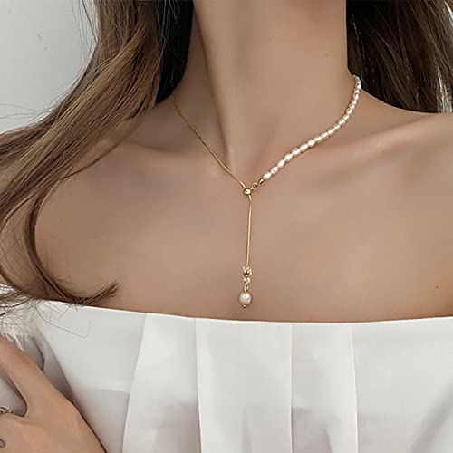Cowlyn Pearl Pendant Necklace Y-Shaped Lariat Chain 14K Gold Link Drop Long Charm Necklace Jewelry For Women And Girls #TOP7