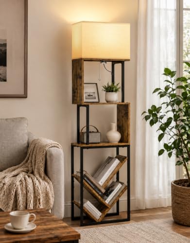 Image of 5-Tier Floor Lamp with Shelves & Remote, Dimmable S-Shaped Tree Bookshelf with 3 Color Temperatures, 1-Hour Timer, Tall Corner Standing Lamp for Living Room, Bedroom, Office(Rustic Brown)
