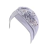Qianmome Womens Sequin Flower Turban Elegant Muslim Beanie Head wrap Chemo Cap Gray