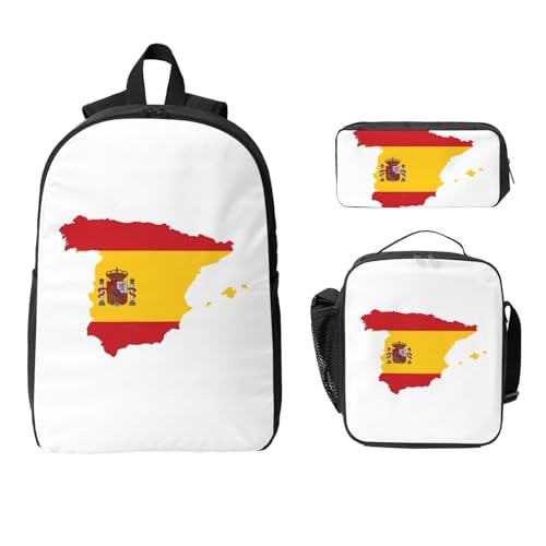 Spanish Flag Map print Shoulder Bookbags Lunch Bag and Pen Case 17 inches Backpack with Lunch Box, Cute Bookbag Set2