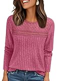 AUTOMET Womens Lace Long Sleeve Shirt Fall Top Fashion Dreesy Casual Tunic Sweaters Mesh Clothes Trendy Work Cute Outfits Rose M