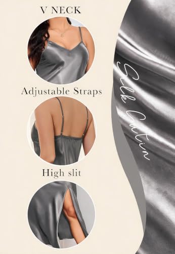 Image of ALCEA ROSEA Women's Long Satin Slip Dress Nightgowns Sexy Lingerie Adjustable Strap Midi Dress Silky Gown V Neck Under Dress
