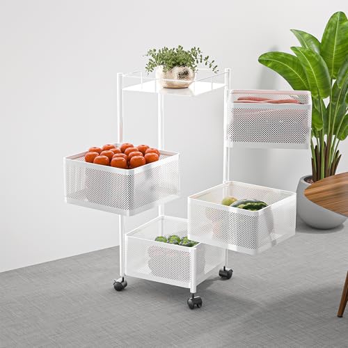 Kuber Industries 4-Tier Large Kitchen Trolley with Wheels | Metal Square Storage Rack for Fruits & Vegetables, Bathroom | Rolling Cart for Corner Space | White