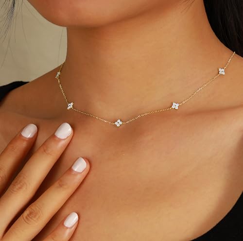 XAYAH Dainty Lucky Leaf Necklace for Women 925 Sterling Silver Trendy 14K Gold Plated Cute White CZ Flowers Pendant Choker Necklaces to Daughter Mom Stackable Chain Wedding Prom Brides Jewelry3