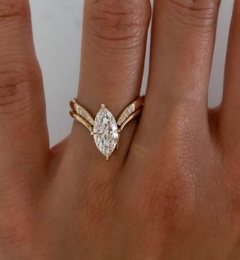 3 CT Marquise Cut Engagement Ring Set Vintage Diamond Solitaire Ring Set With Unique Matching 14K Solid Gold Plated Wedding Band For Women,Gifted For Her,Size 3-12.4