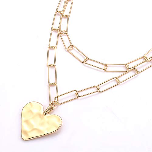 YAHPERN Layered Rectangle Paper Clip Chain Link Choker Statement Hammered Heart Pendant Necklace Minimalist Chunky Thick Chain Jewelry For Woman3