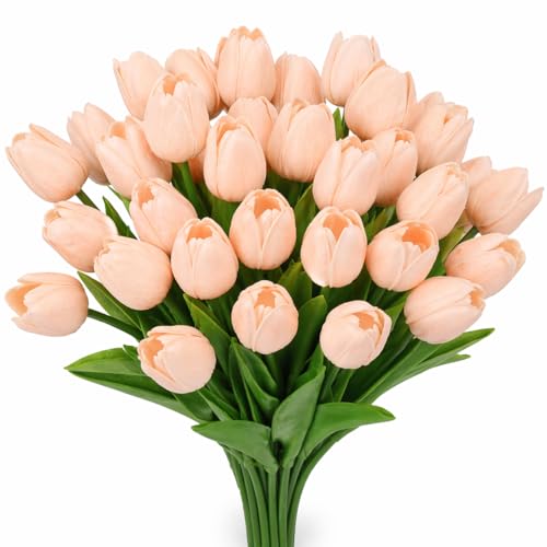 MACTING 30 PCS Artificial Tulip Flowers 13.7" Real Touch Fake PU Tulips Bouquet Faux Flowers for Floral Arrangements Table Centerpieces Kitchen Mothers Day Summer Decorations,Light Pink