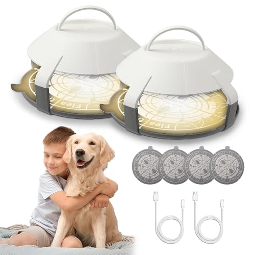 TOWEBOORY 2 Piezas Trampa para Pulgas, Lámpara Antipulgas con 4 Discos Adhesivos Mata Pulgas Eléctrico Trampa para Pulgas para el Hogar Trampa Antipulgas para Dormitorio, Salón, Lavadero, Cocina