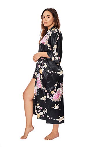 KIM+ONO Plus Size Women's Satin Kimono Robe Long - Floral - Chrysanthemum & Crane - Black