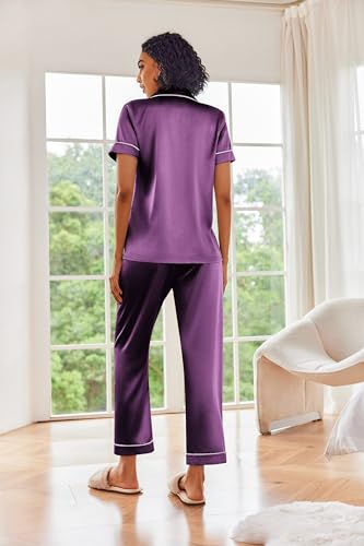 Image of Ekouaer 2 Piece Satin Short Sleeve Pajamas Set Button Down Sleepwear | Soft Pjs Set Classic Loungewear for Wedding, Party, Home, Daily Wear, Date Nights