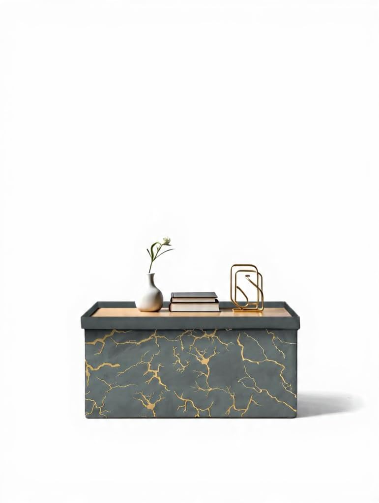 LIZZIE JACOBS Luxury Marble Design Ottoman Storage Bench Seat Foldable Footstool with Gold Crackle Print & Removable Wood Tray Table Top, Hallway Storage Box 76cm Leviev 2 in 1 Storage Box (Charcoal)