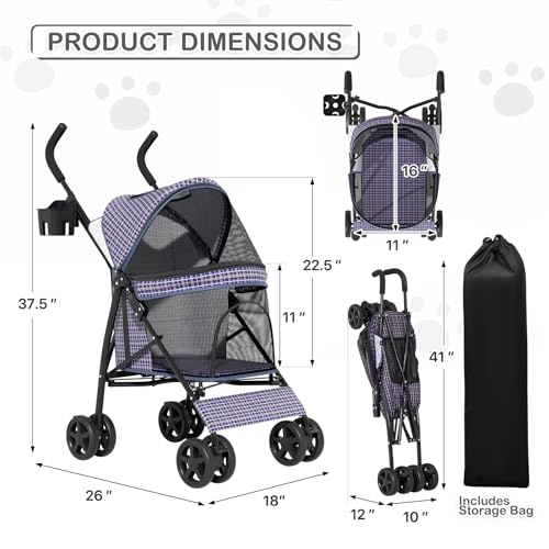 Image of MoNiBloom 4 Wheels Pet Stroller, Easy-Fold Umbrella Shaped Dog Cat Jogger Stroller w /Storage Bag & Visible Mesh for Small /Medium Dogs Cats Plaid