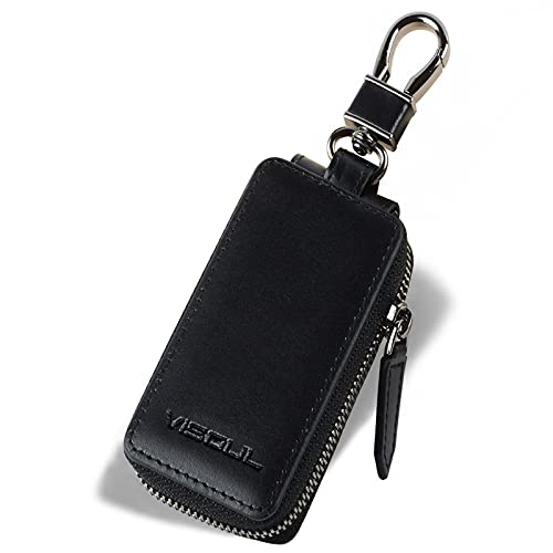 VISOUL Leather Car Key Fob Case Holder for Men and Women, Zipper Keychain Protector Cover with Metal Hook for House Keys-Black