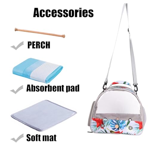 Portable Small Bird Travel Carrier Cage with Stand Perch, Bird Carrier to Carry Parakeet Budgies Parrot Cockatiel Conure Outdoor, Front Clear Window with Floral Printing - Image 4