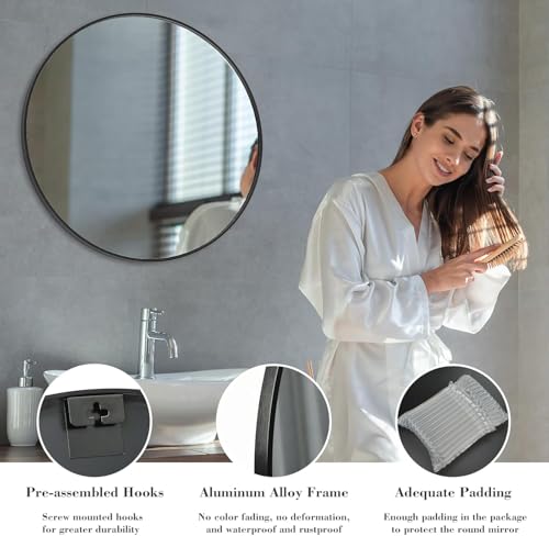 Image of Simple Deluxe 36 Inch Round Bathroom Mirror, Black Vanity Mirror with Metal Frame, Modern Circle for Bathroom, Entryway, Bedroom, Living Room, Wall Mounted Decorative Mirrors (Black)
