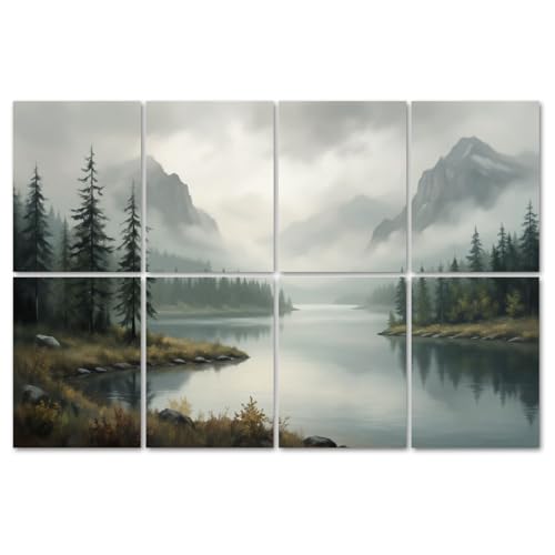 8 Pack Paneles Acústicos Artísticos Absorbentes de Sonido Bosque Nebuloso Verde Monte Lago Niebla Madera Paisaje Naturaleza Óleo Decorativo Paneles Autoadhesivos para Estudios de Grabación en Casa 48"x32" miniatura 1