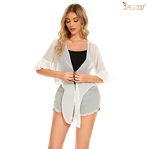 Jasgood Women Chiffon Shrug Half Sleeve Tie Front Cropped Sheer Bolero Shrug Open Front Cardigan B-White #TOP6